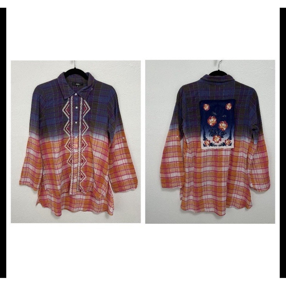 Andree‎ By UNIT Upcycled Orange Floral Embroidered Roll Tab Sleeve Plaid Tunic S